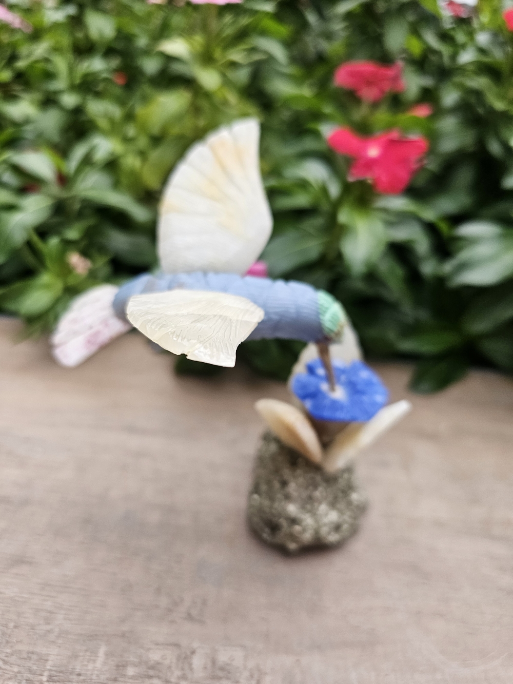 Hand-Painted Hummingbird Figurine in Blue, Cream, and Pink
